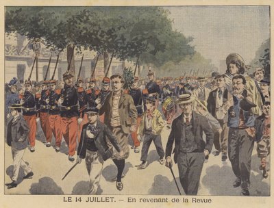 Hjemreise fra Bastille Day-paraden (farge litho) av French School