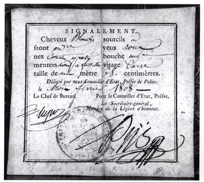Baksiden av et sikkerhetskort, 1808 (penn og blekk på papir) av French School
