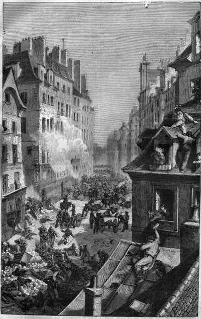 Revolution of 1830: fight in the faubourg Saint Antoine. Engraving in “Histoire des Papes-Rois-Queen and Empereurs a travers les centuries”” by Maurice Lachatre av French School