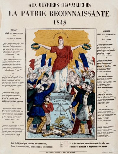 Revolusjonen i 1848 og fødselen av den andre republikken: manifest og sang med tittelen "Til arbeidere, det takknemlige hjemlandet", Republique blir møtt av arbeiderne. 1848 Paris, Musee Carnavalet av French School