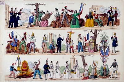 Revolusjonen i februar 1848: de store øyeblikkene av opprøret 23. februar, barrikadene, deretter forbrødringen mellom soldater, arbeidere og borgerlige, ødeleggelsen av symbolene på makten til Louis Philippe I (Louis-Philippe) og til slutt av French School