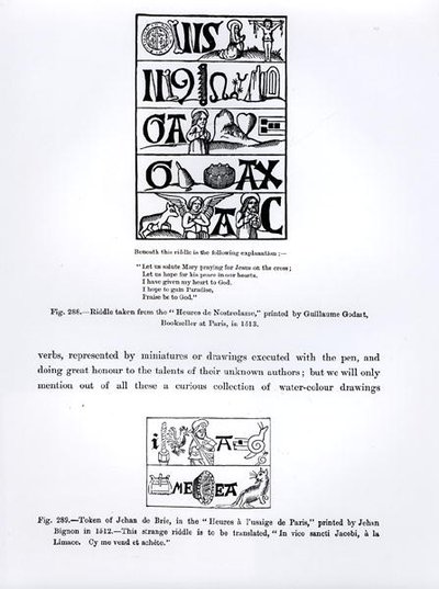Gåte fra Heures de Nostredame, trykt av Guillaume Godart i 1513, og et tegn til Jehan de Brie fra Heures a lusaige de Paris, trykt av Jehan Bignon i 1512, illustrasjoner fra Science og av French School
