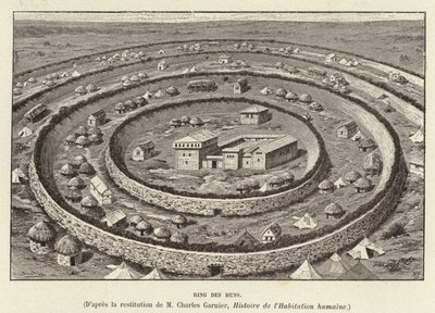 Ring des Huns. Ringformede festningsverk som beskytter en bosetning av hunerne (gravering) av French School