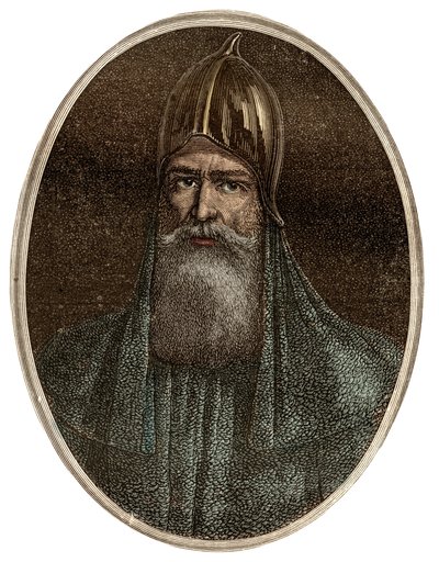 Riourik (Riurik, Rurik Rouri) varegue-prins fra 900-tallet - Portrett av Rurik, en varangiansk høvding og grunnlegger av Kievan Rus (ca. 830-ca. 879) - New National Encyclopedia av Maurice La Charest - 1870 - av French School