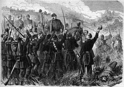 Risorgimento - Slaget ved Montebello della Battaglia (Italia), 21. mai 1859: Den franske generalen Elie Frederic Forey (1804 - 1872), sjef for den italienske hæren, ble triumfert av sine soldater etter hans seier over den østerrikske hæren. Gravering i ""  av French School