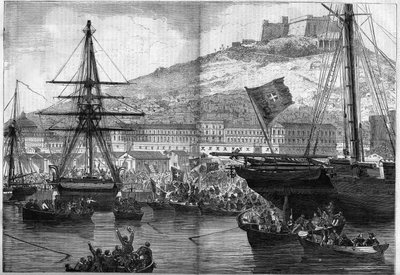 Risorgimento, Naples, 21 October 1860: vote of the navy on the attachment of the city to the Kingdom of Italy. Engraving in “” Le Monde Illustré”” n°186 of 3 November 1860. av French School
