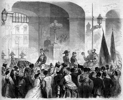 Risorgimento, Napoli, 7. november 1860: inngangen til Victor Emmanuel II (Victor-Emmanuel) (Vittorio Emanuele) (1820-1878), kongen av Italia, til det kongelige palasset i Napoli etter avstemningen fra befolkningen som godtok tilknytningen til Napoli til ko av French School