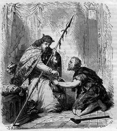 Robert II den fromme (972-1031), konge av Frankrike, distribuerte almoner. Gravering i "Historien om pavene-kongene-dronninger og keisere gjennom århundrene"" av Maurice Lachatre av French School