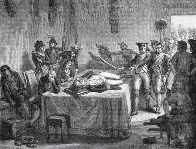 Robespierre venter på henrettelse etter å ha skutt seg selv i kjeven i 1794 av French School