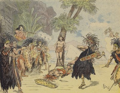 Robinson Crusoe dreper kannibalsjefen og redder fredagens liv (farge litho) av French School