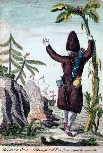 Robinson Crusoe lager bål for å trekke oppmerksomhet til øya hans, Imagerie Basset (fargegravering) av French School