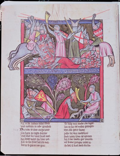 Roland blåser i hornet ved Roncevaux, illustrasjon fra Le Chanson de Roland, kopi av et originalmanuskript bevart i Saint-Gall i Sveits av French School