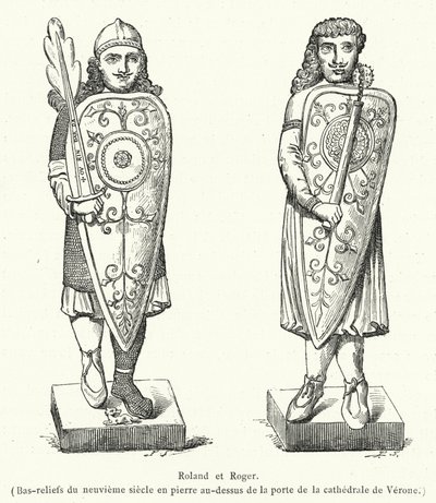 Roland et Roger, Bas-reliefs du neuvieme siecle en pierre au-dessus de la porte de la cathedrale de Verona (gravering) av French School