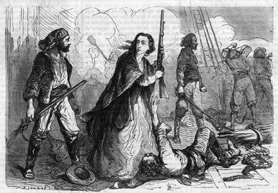 Roman serial: “” Memorials of Joseph Garibaldi”” by Alexandre Dumas (1802-1870). Anita Garibaldi (1821-1849), wife of Giuseppe Garibaldi, taking part in the battle, with a rifle in hand. Engraving in “” Les bons romances”” av French School