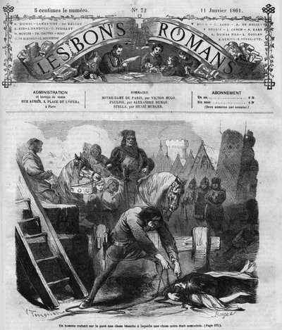Romersk serie: "" Notre Dame de Paris"" av Victor Hugo (1802-1885). En mann drenerer to kvinner på broen. Gravering i "" Les bons romances"" av French School