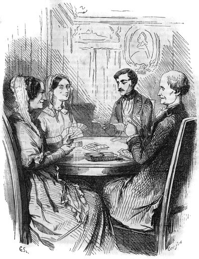 Romersk serie: "" Greven av Monte Cristo"" (Monte-Cristo) av Alexandre Dumas (1802-1870). Et kortspill mellom fire karakterer. Gravering i "" Les bons romances"" av French School