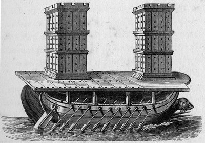 Romersk skip et tårn. Gravering i «La Marine et les colonies: handel av French School