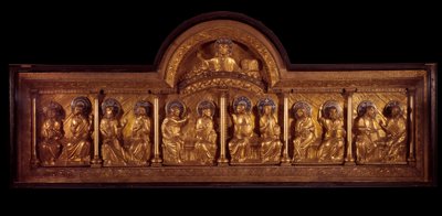 Romansk kunst: altertavle av Pentecote: antependium i tre, kobber og emalje. Fra Stavelot (Meuse) Rundt 1160-1170. Paris, Nasjonalmuseet for middelalderen, Thermes de Cluny av French School