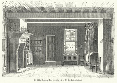 Rom i Hotel de France i St Malo, Bretagne, der den franske forfatteren og politikeren Francois-Rene de Chateaubriand ble født (gravering) av French School
