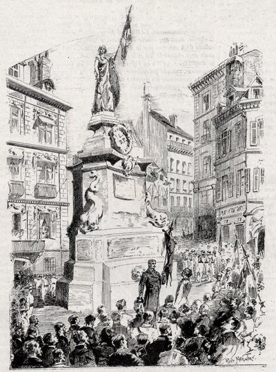 Rouen: members of the League of Patriotes in front of the statue of Joan of Arc- drawing by Paul Merwart for “” the flag - illustrious monitor of the League of Patriotes”” - 1884 av French School
