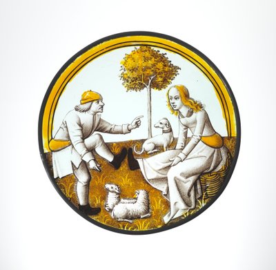 Roundel with Couple Playing at Quintain, c.1500 (glass, vitreous paint and silver stain) av French School