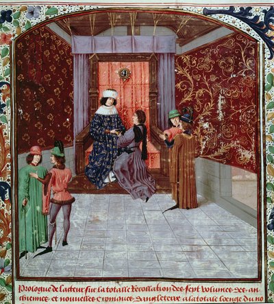 Roy 15 E IV f.14 Edward IV receiving the book from the author, from Anciennes Chroniques d