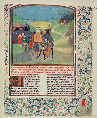 Roy 17 FI f.198 Alexander den store henvender seg til sine menn i håp om å overtale dem til å fortsette inn i India, fra Quinte Curse Ruffe des Fais du Grant Alexandre, ca. 1468 (vellum) av French School