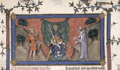 Roy 19 C IV f.154 Kong Charles V (1337-80) av Frankrike tronet med krone, sverd og septer mellom en ridder og en kontorist av French School