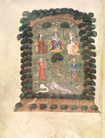 Roy 19 C IV f.298 Charles V troner i hagen med krone og septer, fra 'Dream of the Orchard Keeper' av French School