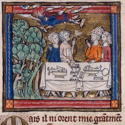 Royal 14 E. III, f.76v Seven Hands Cast Fire on Moys, illustrasjon fra 