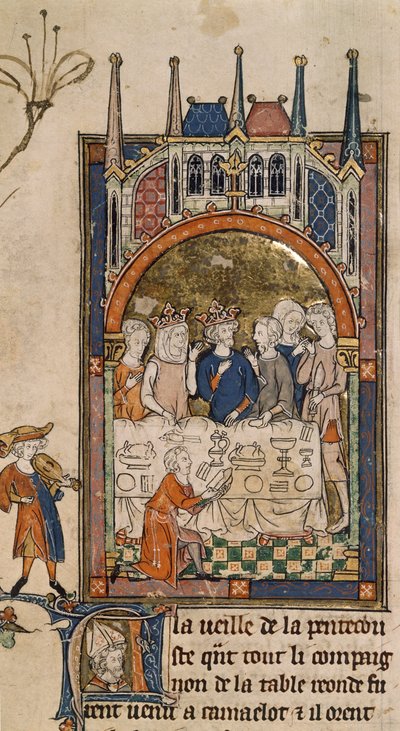Royal 14 E. III, f.89, kong Arthurs fest, kong Arthur og Guinevere på en bankett, med en tjener knelende foran bordet som skjærer brød, fra 'La Queste del Saint Graal', ca. 1315-25 (vellum) ) av French School
