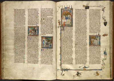 Royal 14 E. III, ff.88v-89 Lancelot removing the head of his decapitated grandfather, the king, out of a boiling well; a building collapsing on two knights. On the right, miniature of Arthur and Guinevere seated at a banquet, from 