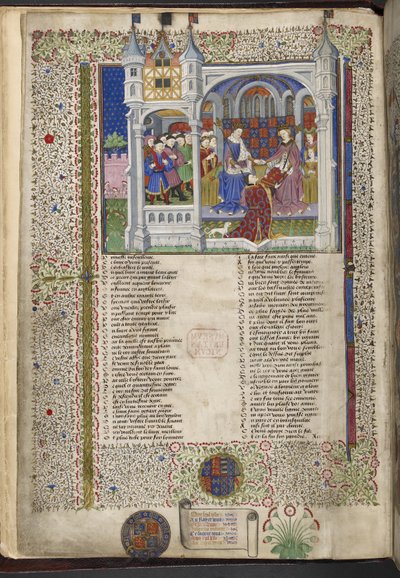 Royal 15 E. VI, f.2v Margaret of Anjou, sittende sammen med sin mann kong Henry VI, illustrasjon fra 