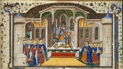 Royal 15 E. VI, f.439 Kong Henry VI og riddere gruppert rundt et alter, som er overvunnet av St. George og dragen, fra 