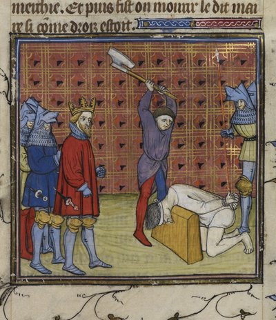 Royal 20 C. VII f.134v Ledere av Jacquerie-opprøret mot den franske adelen halshugget etter ordre fra kongen av Navarra, fra 'Chroniques de France ou de St Denis' (blekk, farge og gull på vellum) av French School
