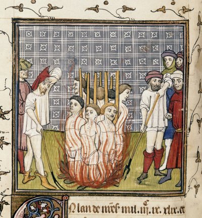 Royal 20 C. VII, f.44v Burning of Templars, illustrasjon fra 