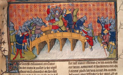Royal 20 C. VII, fol.137 Battle on Bridge over Seine under hundreårskrigen, fra 