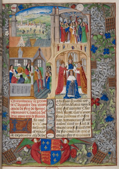Royal 20 E. V, f.8 Kroning av Charles VII, scener fra 