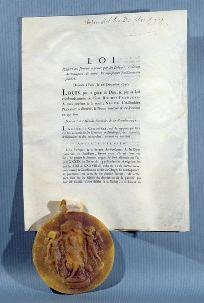 Kongelig resolusjon av Ludvig XVI som bekrefter plikten til franske biskoper og prester til å sverge en ed om troskap til presteskapets sivile konstitusjon, 16. desember 1790 (trykt papir og vokssegl) av French School