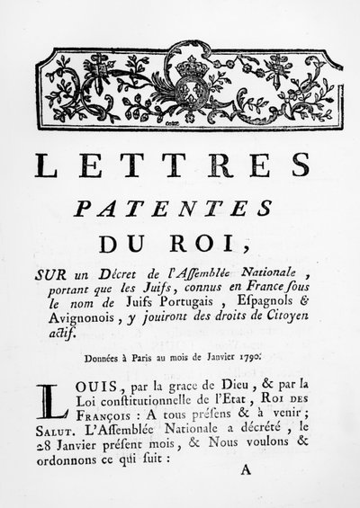 Royal Letters Patent som gir like rettigheter for portugisiske, spanske og Avignonesiske jøder i Frankrike, Paris, 28. januar 1790 (se også 695057) av French School
