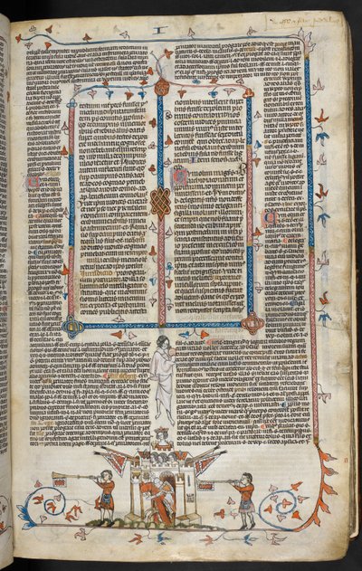 Royal MS 10 E IV f.66r, bas-de-page scene av en ridder som dukker opp fra et slott, ca. 1300-40 (penn og blekk og tempera på pergament) av French School