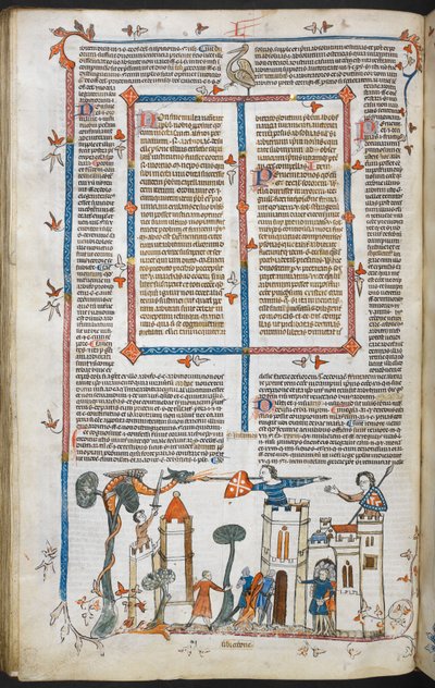 Royal MS 10 E IV f.88v, en bas-de-page-scene av en drage som angriper et slott, ca. 1300-40 (penn og blekk og tempera på pergament) av French School