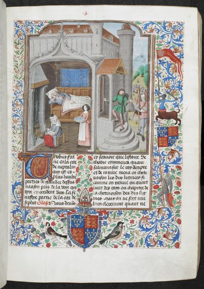 Royal MS 15 D I f.18r Kvinner som tar seg av en syk mann, 