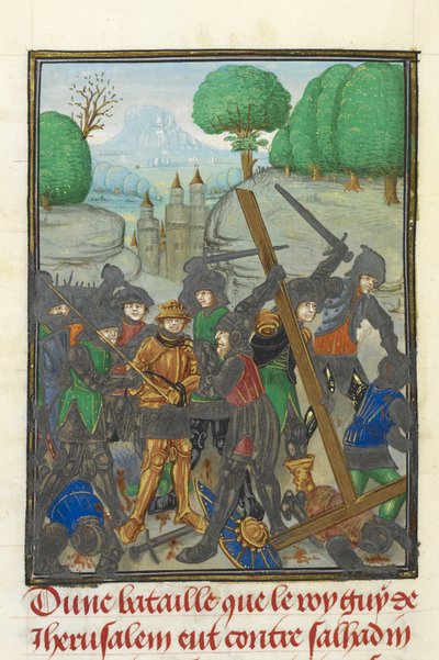 Royal MS 15 E I, f. 433v, Nederlaget til Guy av Lusignan av Saladin og tapet av korset, fra 