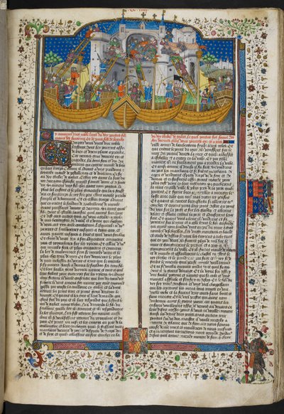 Royal MS 15 E VI, f.207 Miniatyr av skip som beleirer Corunna, fra 