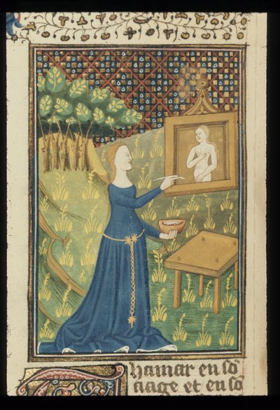 Royal MS 16 G V f.068v Side fra De claris mulieribus i en anonym fransk oversettelse (Le livre de femmes nobles et renomées) av Giovanni Boccaccio, ca.1440 (farge & gull på vellum) av French School