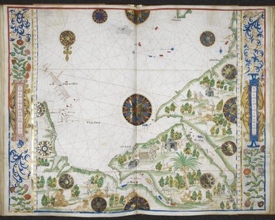 Royal MS 20 E IX f.11v til f.12r Kart over kysten av Asia og Afrika fra Kapp Comorin til Kapp Delgado, inkludert Persiabukta og Rødehavet, fra 