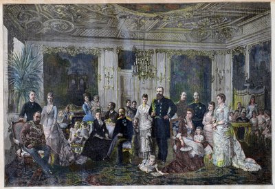 Kongelige familier samles i Danmark for å feire sølvbryllup til tsaren og tsarinaen i en liten landsby Juleboekshusene fra 'Le Petit Journal', 26. september 1891 (farget gravering) av French School