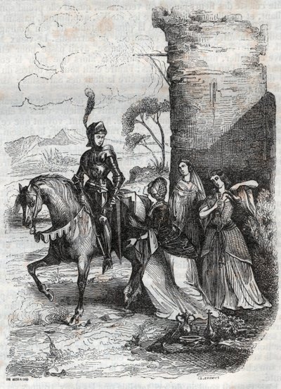 Ruggiero og tre nymfer fra hoffet i Alcina - gravering av 1851 fra diktet Orlando furioso av French School