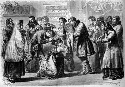 Russisk skikk - Bryllup - 1860: seremoni før bryllupet. Gudfar og gudmor velsigner fremtidige ekteskap. Gudfaren presenterer for dem bildet av Kristus eller jomfruen, symbol på religiøs innvielse. Gudmoren holder brød og salt over hodet på av French School